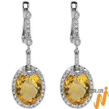 مدل گوشواره جواهر سیترین و الماس تراش برلیان با طلای سفید