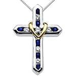 آویز صلیب طلای دو رنگ با نگین الماس تراش برلیان و یاقوت کبود مدل: gpm1047