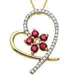 آویز طلا و جواهر با نگین یاقوت قرمز و الماس تراش برلیان طرح قلب و گل مدل: npdf13103