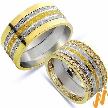 حلقه ازدواج ست طلای زرد و سفید با نگین الماس تراش برلیان 