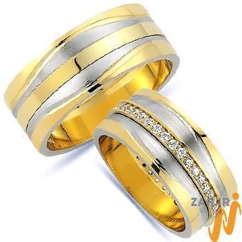 عکس حلقه ازدواج عروس، داماد طلا زرد و سفید با نگین الماس تراش برلیان 