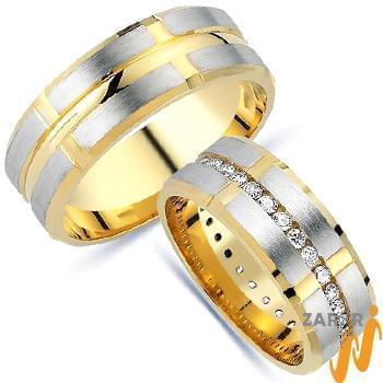 حلقه ازدواج ست عروس و داماد طلای دو رنگ با نگین الماس تراش برلیان 