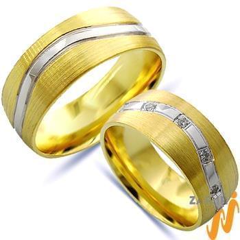 مدل حلقه ازدواج ست طلای زرد و سفید با نگین الماس تراش برلیان