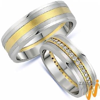 حلقه ازدواج ست طلای زرد و سفید با نگین الماس تراش برلیان 