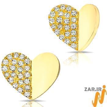 گوشواره میخی طلای زرد با نگین الماس تراش برلیان طرح قلب مدل: ebf2192
