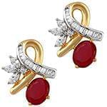 گوشواره طلا با نگین یاقوت قرمز و الماس تراش برلیان، مارکیز و باگت مدل: edf1432