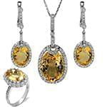 نیم ست آویز، گوشواره و انگشتر با نگین سیترین و الماس تراش برلیان مدل: hsdf1430