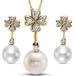 نیم ست آویز و گوشواره با نگین مروارید و الماس تراش برلیان طرح قلب مدل: hsdf1435