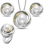 نیم ست آویز، گوشواره و انگشتر با نگین مروارید و الماس تراش برلیان مدل: hsdf1437