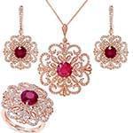 نیم ست آویز، گوشواره و انگشتر با نگین یاقوت قرمز و الماس تراش برلیان مدل: hsdf1439