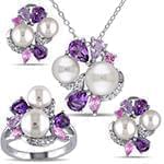 نیم ست طلای سفید با نگین مروارید آمتیس، تورمالین و برلیان مدل: hsdf1441 