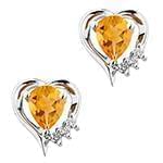 گوشواره طلای سفید با نگین سیترین و الماس تراش برلیان طرح قلب مدل: edf1457 