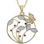 پلاک طلا با نگین الماس تراش برلیان و یاقوت قرمز طرح گل و پروانه: مدل pdb2258 