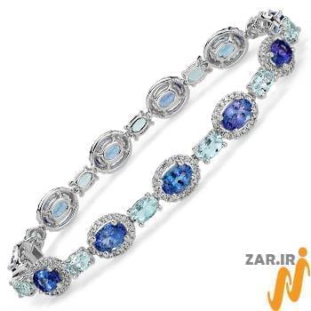 مدل دستبند طلا زنانه با نگین الماس تراش برلیان، یاقوت کبود و آکوامارین
