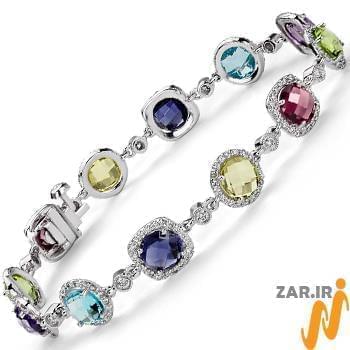 مدل دستبند طلا زنانه با نگین الماس تراش برلیان و سنگهای رنگی
