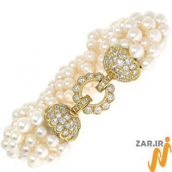 مدل دستبند طلا زنانه با نگین الماس تراش برلیان و مروارید