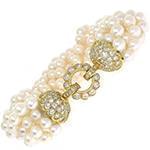 دستبند طلا زنانه با نگین الماس تراش برلیان و مروارید مدل: bdf1253