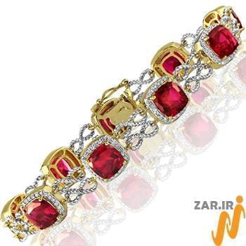 مدل دستبند طلا زنانه با نگین الماس تراش برلیان و یاقوت قرمز طرح بینهایت