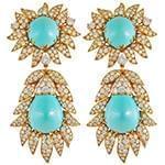 گوشواره جواهر فیروزه و الماس تراش برلیان با طلای زرد طرح گل آفتاب گردان مدل: edf1491