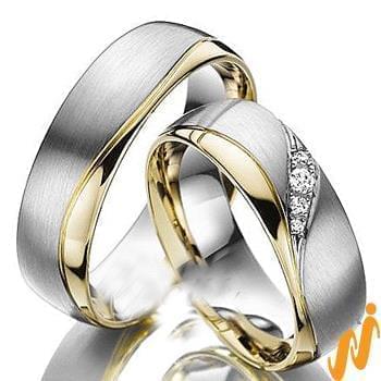 مدل حلقه ازدواج ست طلای سفید و زرد با نگین الماس تراش برلیان