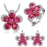 نیم ست طلای طرح گل با نگین یاقوت قرمز و الماس تراش برلیان مدل: hsdf1468