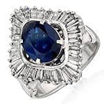 انگشتر زنانه طلای سفید با نگین یاقوت کبود و الماس تراش باگت :مدل rgf1636 