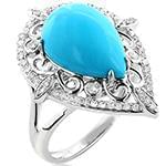 انگشتر طلای سفید زنانه با نگین فیروزه و الماس تراش برلیان:مدل rgf1643