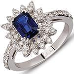 انگشتر طلای سفید زنانه با نگین یاقوت کبود و الماس تراش برلیان:مدل rgf1651