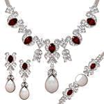 مدل سرویس طلا سفید با نگین یاقوت قرمز، مروارید و الماس تراش برلیان: مدل bset2258