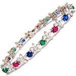 دستبند طلای زنانه با نگین الماس تراش برلیان و یاقوت کبود، قرمز و زمرد مدل: bdf1275