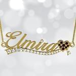 پلاک اسم طلا طرح قلب با نگین الماس تراش برلیان و یاقوت - فونت لاتین: مدل ndn1037