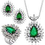 نیم ست طلای سفید زنانه با نگین زمرد و الماس تراش مارکیز مدل: hsdf1476 