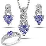 نیم ست طلای سفید زنانه با نگین تانزانیت و الماس تراش برلیان طرح قلب مدل: hsdf1484