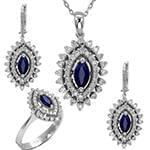 نیم ست طلای سفید زنانه با نگین یاقوت کبود و الماس تراش برلیان مدل: hsdf1496