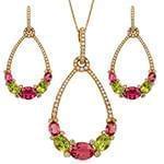 نیم ست آویز و گوشواره با نگین تورمالین، زبرجد و الماس تراش برلیان مدل: hsdf1498