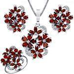 نیم ست طلای سفید زنانه با نگین گارنت و الماس تراش برلیان طرح گل مدل: hsdf1516