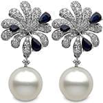 گوشواره زنانه طلا و جواهر یاقوت کبود، مروارید و الماس تراش برلیان مدل: edf1538