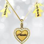 آویز اسم طلا با نگین الماس تراش برلیان طرح خانواده و قلب - فونت لاتین: مدل ndn1102
