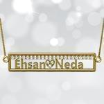 پلاک اسم طلا با پایه قلب طرح دو اسمه و نگین الماس تراش برلیان - فونت لاتین: مدل ndn1115