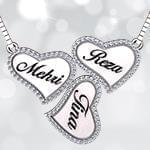 پلاک اسم طلا با پایه قلب سه اسمی خانواده و نگین الماس تراش برلیان: مدل ndn1123