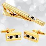 ست گیره کروات و دکمه سردست طلا با نگین الماس تراش پرنس و اونیکس مدل smb1002