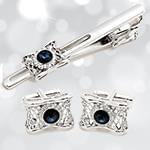 ست گیره کروات و دکمه سردست طلا با نگین الماس تراش برلیان و یاقوت کبود مدل smb1009