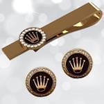 ست گیره کروات و دکمه سردست طلا با نگین برلیان و اونیکس طرح رولکس مدل smb1020