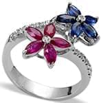 انگشتر طلای سفید زنانه با یاقوت قرمز و کبود و الماس تراش برلیان:مدل rgf1676