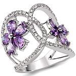 انگشتر آمتیست زنانه با نگین برلیان و طلای سفید طرح گل مدل: rgf1709