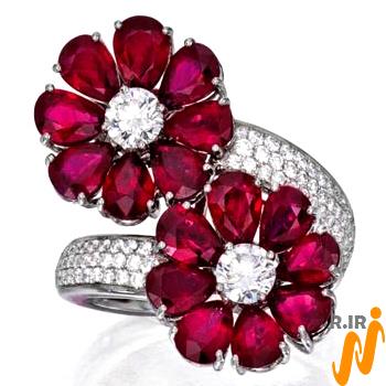 خرید انگشتر طلا زنانه جدید طرح گل جواهر یاقوت سرخ و الماس برلیان + قیمت 