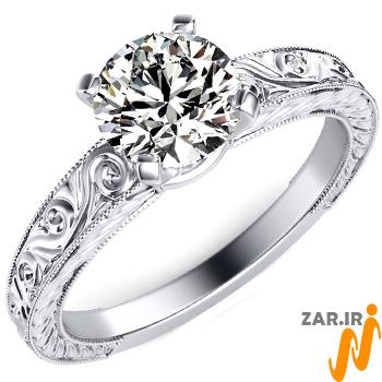 عکس حلقه ازدواج زنانه تخمه الماس تراش برلیان و طلا سفید طرح دار