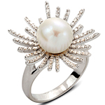 انگشتر طرح گل قاصد زنانه طلا و جواهر با نگین مروارید شیری و برلیان: مدل rgf1412