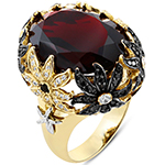 انگشتر گل بزرگ طلا و جواهر با نگین گارنت و برلیان سیاه و سفید طرح گل: مدل rgf1438