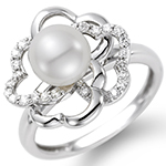 انگشتر طلا و جواهر زنانه نگین مروارید و الماس تراش برلیان طرح گل: مدل rgf1446